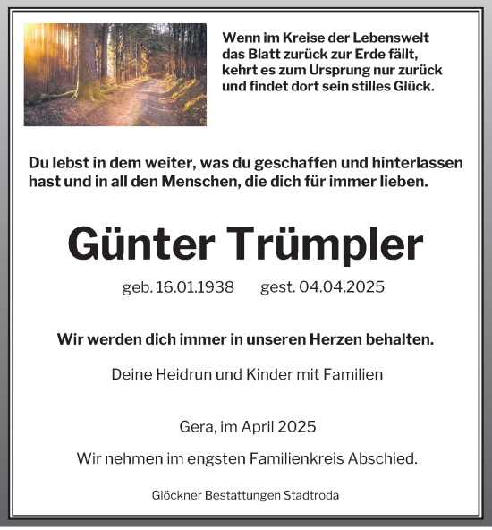 Traueranzeige von Günter Trümpler von Ostthüringer Zeitung