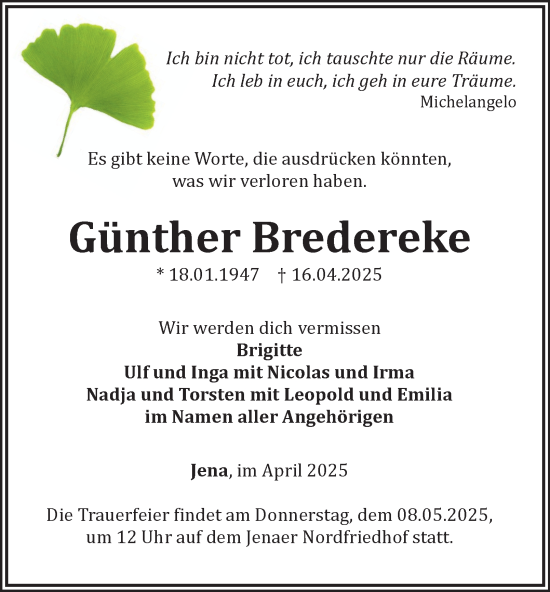 Traueranzeige von Günther Bredereke von Ostthüringer Zeitung