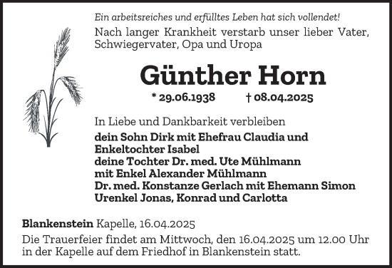 Traueranzeige von Günther Horn von Ostthüringer Zeitung
