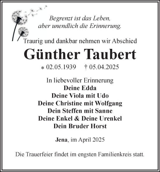 Traueranzeige von Günther Taubert von Ostthüringer Zeitung, Thüringische Landeszeitung