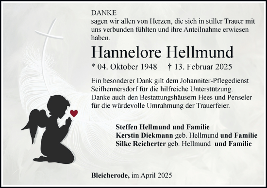 Traueranzeige von Hannelore Hellmund von Thüringer Allgemeine