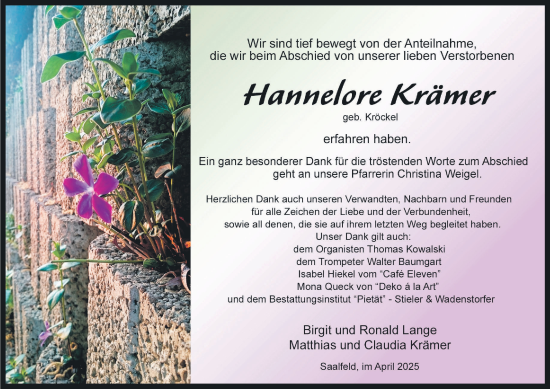 Traueranzeige von Hannelore Krämer von Ostthüringer Zeitung