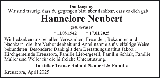 Traueranzeige von Hannelore Neubert von Thüringer Allgemeine
