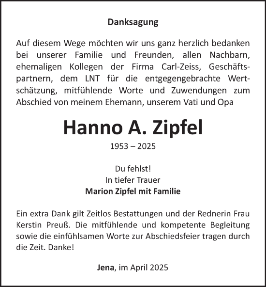 Traueranzeige von Hanno A. Zipfel von Ostthüringer Zeitung, Thüringische Landeszeitung