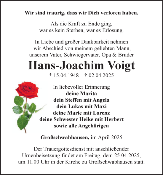 Traueranzeige von Hans-Joachim Voigt von Thüringer Allgemeine, Thüringische Landeszeitung