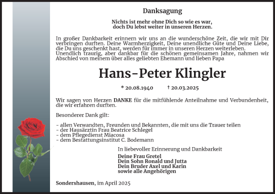 Traueranzeige von Hans-Peter Klingler