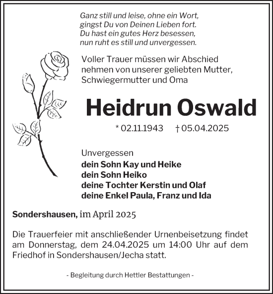 Traueranzeige von Heidrun Oswald von Thüringer Allgemeine