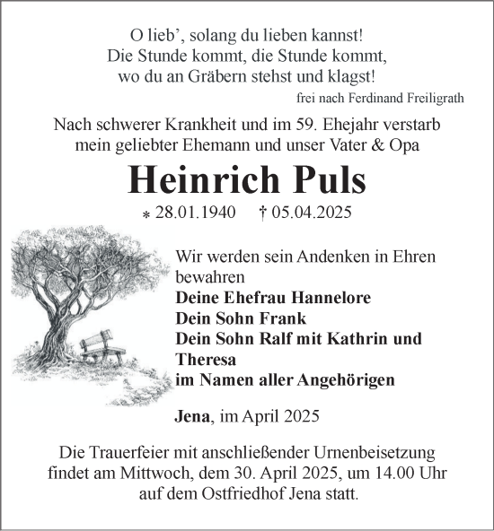 Traueranzeige von Heinrich Puls von Ostthüringer Zeitung, Thüringische Landeszeitung