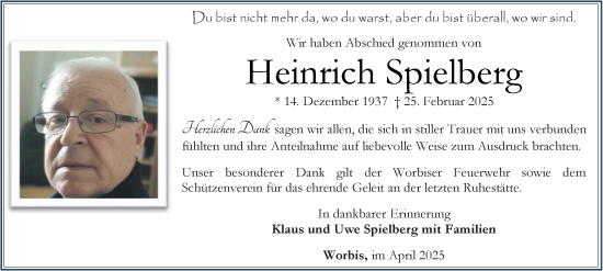Traueranzeige von Heinrich Spielberg von Thüringer Allgemeine