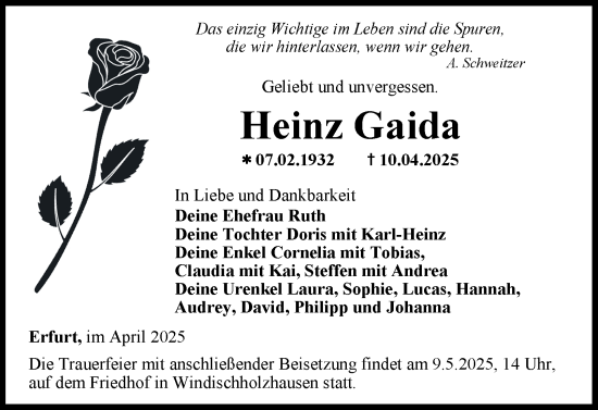 Traueranzeige von Heinz Gaida von Thüringer Allgemeine, Thüringische Landeszeitung