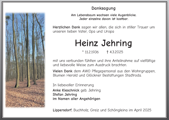 Traueranzeige von Heinz Jehring von Ostthüringer Zeitung, Thüringische Landeszeitung