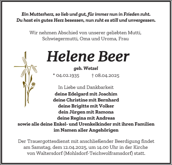 Traueranzeige von Helene Beer von Ostthüringer Zeitung