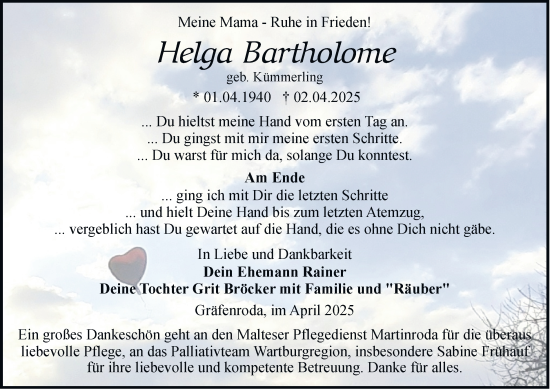 Traueranzeige von Helga Bartholome von Thüringer Allgemeine