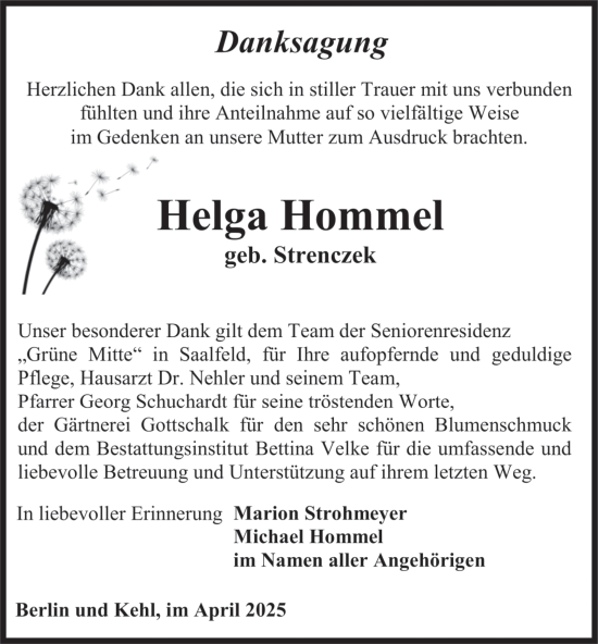Traueranzeige von Helga Hommel von Ostthüringer Zeitung