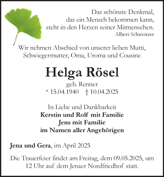 Traueranzeige von Helga Rösel von Ostthüringer Zeitung