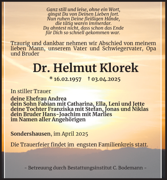 Traueranzeige von Helmut Klorek