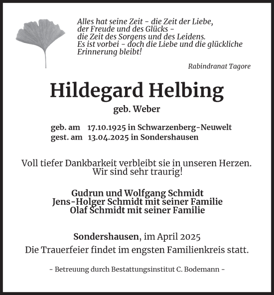 Traueranzeige von Hildegard Helbing