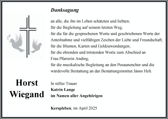 Traueranzeige von Horst Wiegand von Thüringer Allgemeine, Thüringische Landeszeitung