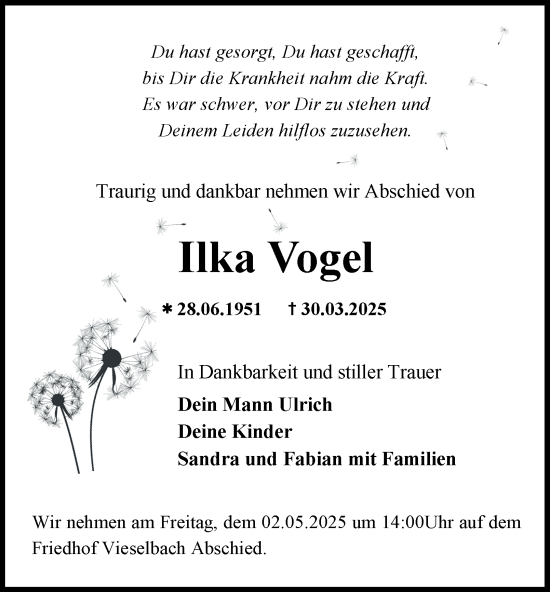 Traueranzeige von Ilka Vogel von Thüringer Allgemeine, Thüringische Landeszeitung