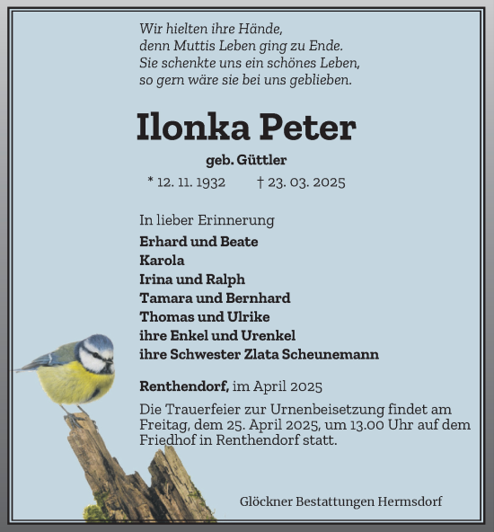 Traueranzeige von Ilonka Peter von Ostthüringer Zeitung