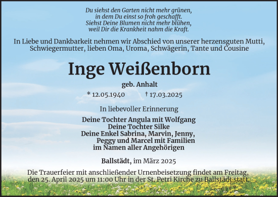 Traueranzeige von Inge Weißenborn von Thüringer Allgemeine, Thüringische Landeszeitung