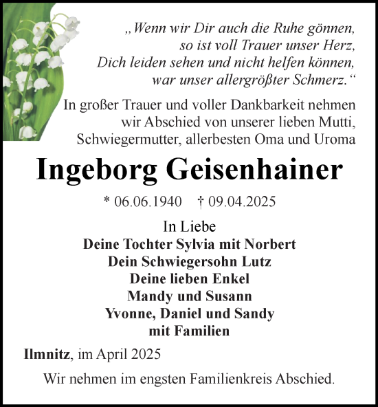 Traueranzeige von Ingeborg Geisenhainer von Ostthüringer Zeitung, Thüringische Landeszeitung
