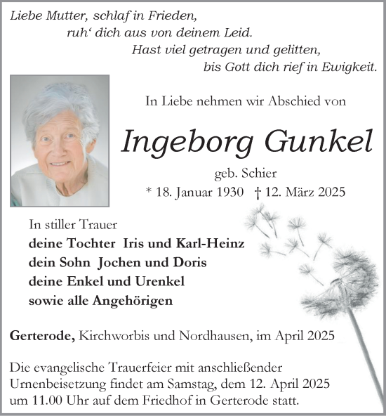 Traueranzeige von Ingeborg Gunkel von Thüringer Allgemeine