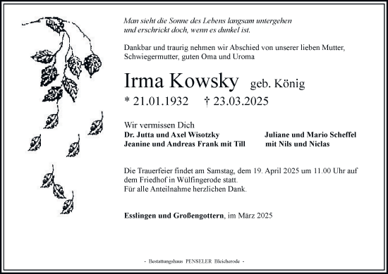 Traueranzeige von Irma Kowsky von Thüringer Allgemeine