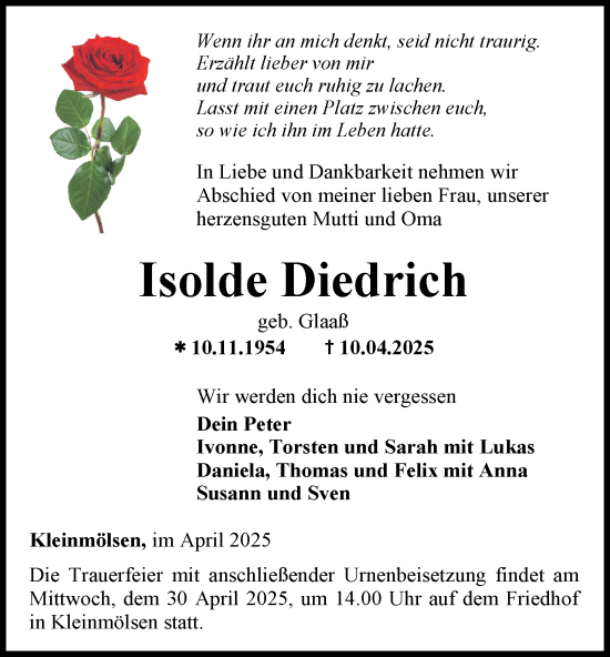 Traueranzeige von Isolde Diedrich von Thüringer Allgemeine, Thüringische Landeszeitung