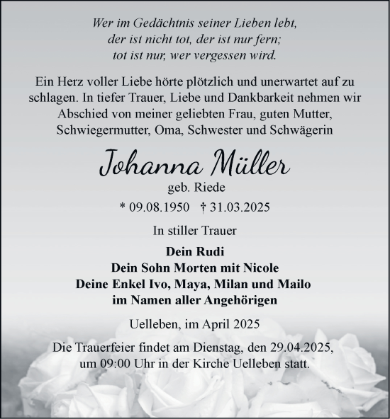 Traueranzeige von Johanna Müller von Thüringer Allgemeine, Thüringische Landeszeitung