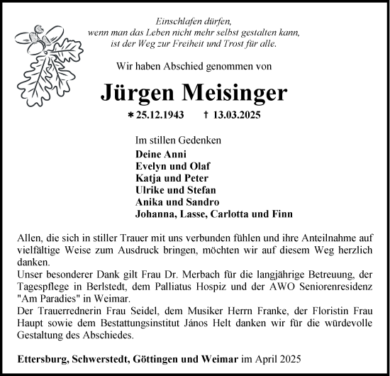 Traueranzeige von Jürgen Meisinger von Thüringer Allgemeine, Thüringische Landeszeitung