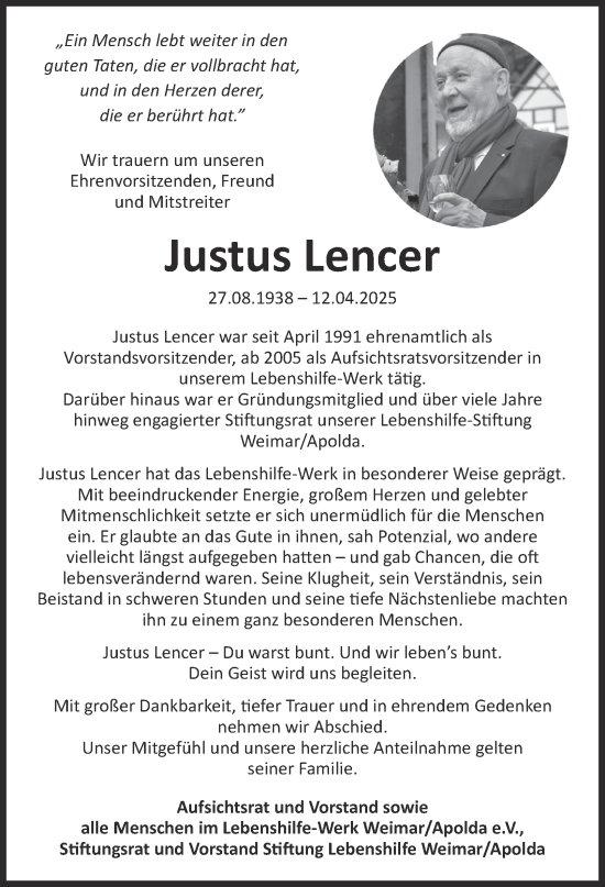 Traueranzeige von Justus Lencer von Thüringer Allgemeine, Thüringische Landeszeitung