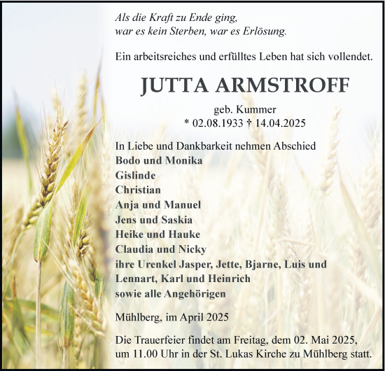 Traueranzeige von Jutta Armstroff von Thüringer Allgemeine, Thüringische Landeszeitung