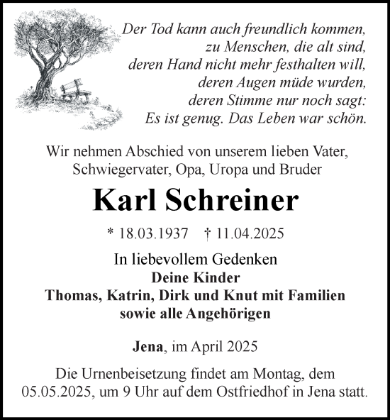 Traueranzeige von Karl Schreiner von Ostthüringer Zeitung, Thüringische Landeszeitung