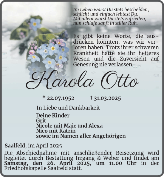 Traueranzeige von Karola Otto von Ostthüringer Zeitung
