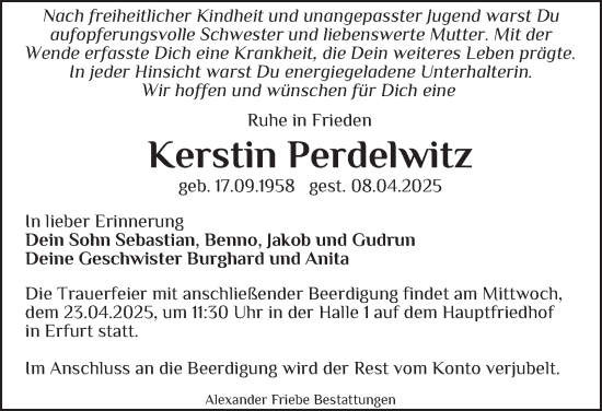 Traueranzeige von Kerstin Perdelwitz von Thüringer Allgemeine, Thüringische Landeszeitung