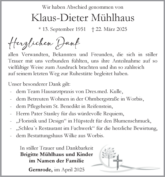 Traueranzeige von Klaus-Dieter Mühlhaus von Thüringer Allgemeine
