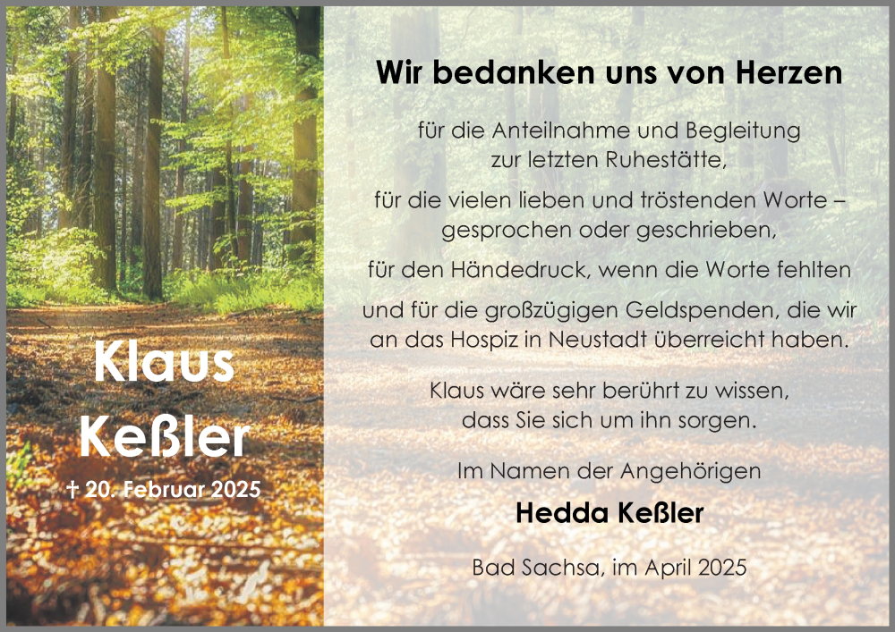  Traueranzeige für Klaus Keßler vom 05.04.2025 aus Thüringer Allgemeine