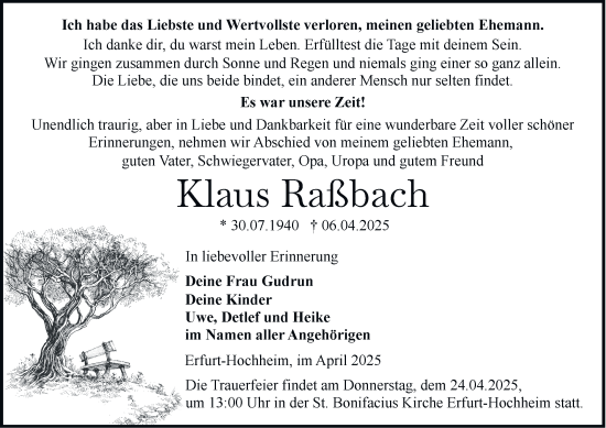 Traueranzeige von Klaus Raßbach von Thüringer Allgemeine, Thüringische Landeszeitung