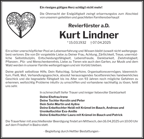 Traueranzeige von Kurt Lindner von Thüringer Allgemeine