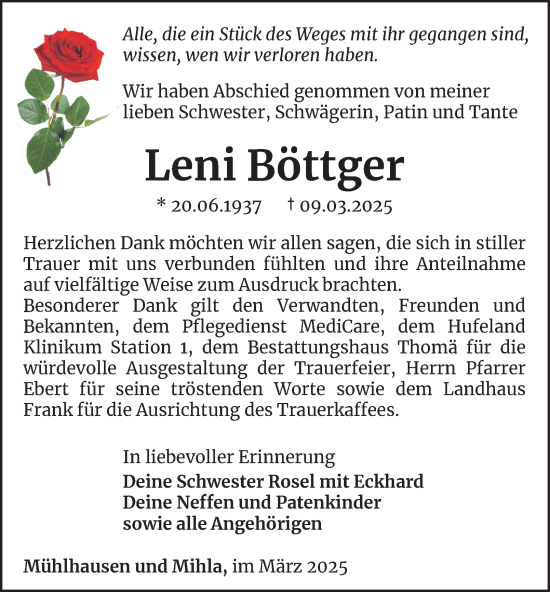 Traueranzeige von Leni Böttger von Thüringer Allgemeine, Thüringische Landeszeitung