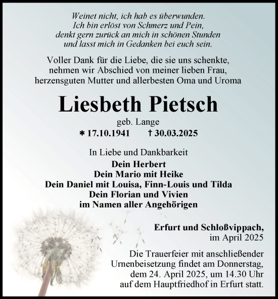 Traueranzeige von Liesbeth Pietsch von Thüringer Allgemeine, Thüringische Landeszeitung