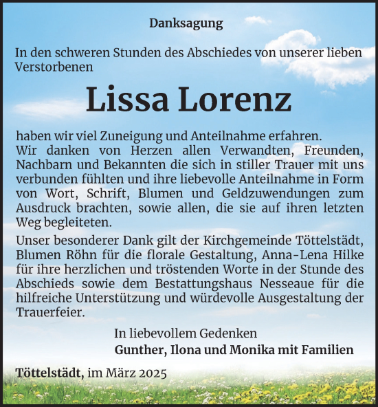 Traueranzeige von Lissa Lorenz von Thüringer Allgemeine, Thüringische Landeszeitung
