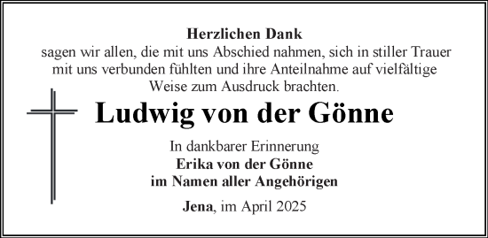 Traueranzeige von Ludwig von der Gönne von Ostthüringer Zeitung, Thüringische Landeszeitung