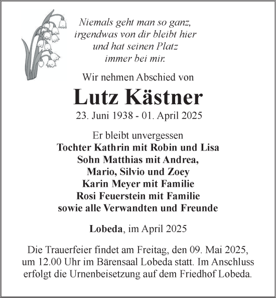Traueranzeige von Lutz Kästner von Ostthüringer Zeitung, Thüringische Landeszeitung