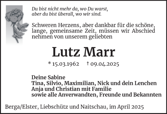 Traueranzeige von Lutz Marr von Ostthüringer Zeitung