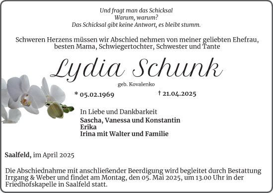 Traueranzeige von Lydia Schunk von Ostthüringer Zeitung