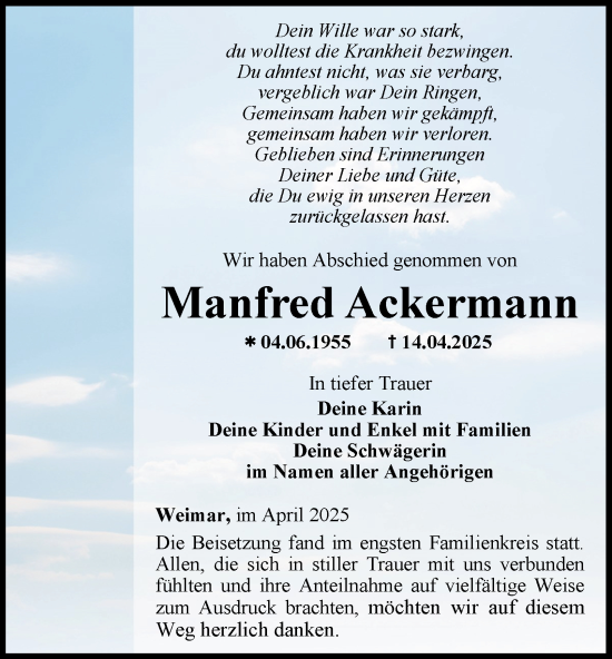 Traueranzeige von Manfred Ackermann von Thüringer Allgemeine, Thüringische Landeszeitung