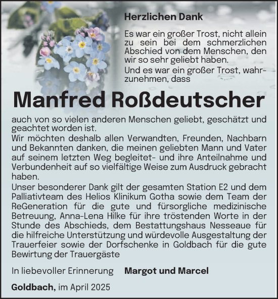 Traueranzeige von Manfred Roßdeutscher von Thüringer Allgemeine, Thüringische Landeszeitung