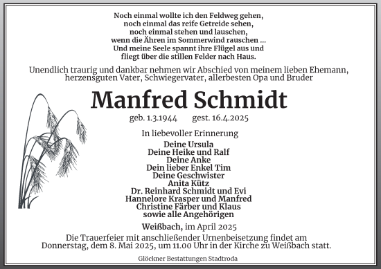 Traueranzeige von Manfred Schmidt von Ostthüringer Zeitung